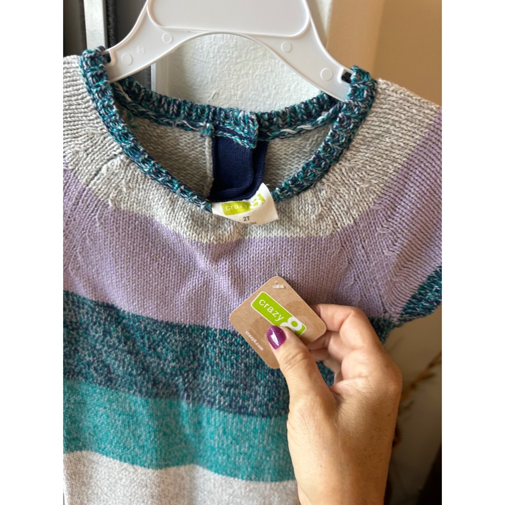 Crazy 8 Girls Striped Knit Sweater Dress Purple Teal Short Sleeve 2T NEW - Picture 2 of 6
